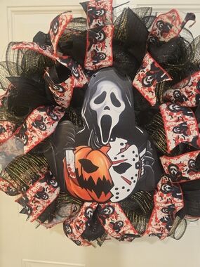 W041 Halloween Horror Mask WreathHandmade Halloween wreath featuring horror-in